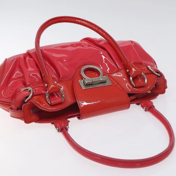 Salvatore Ferragamo Gancini Marissa Hand Bag Enamel Red Silver Auth 130621 - Picture 7 of 14